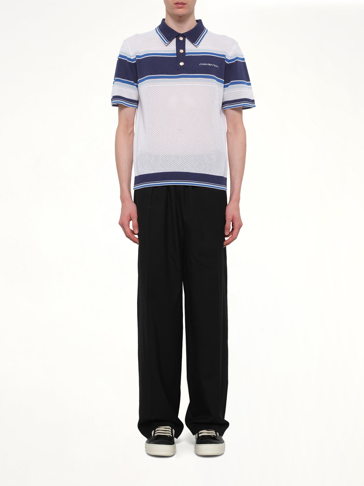 Mesh Stripe Polo in Navy/White