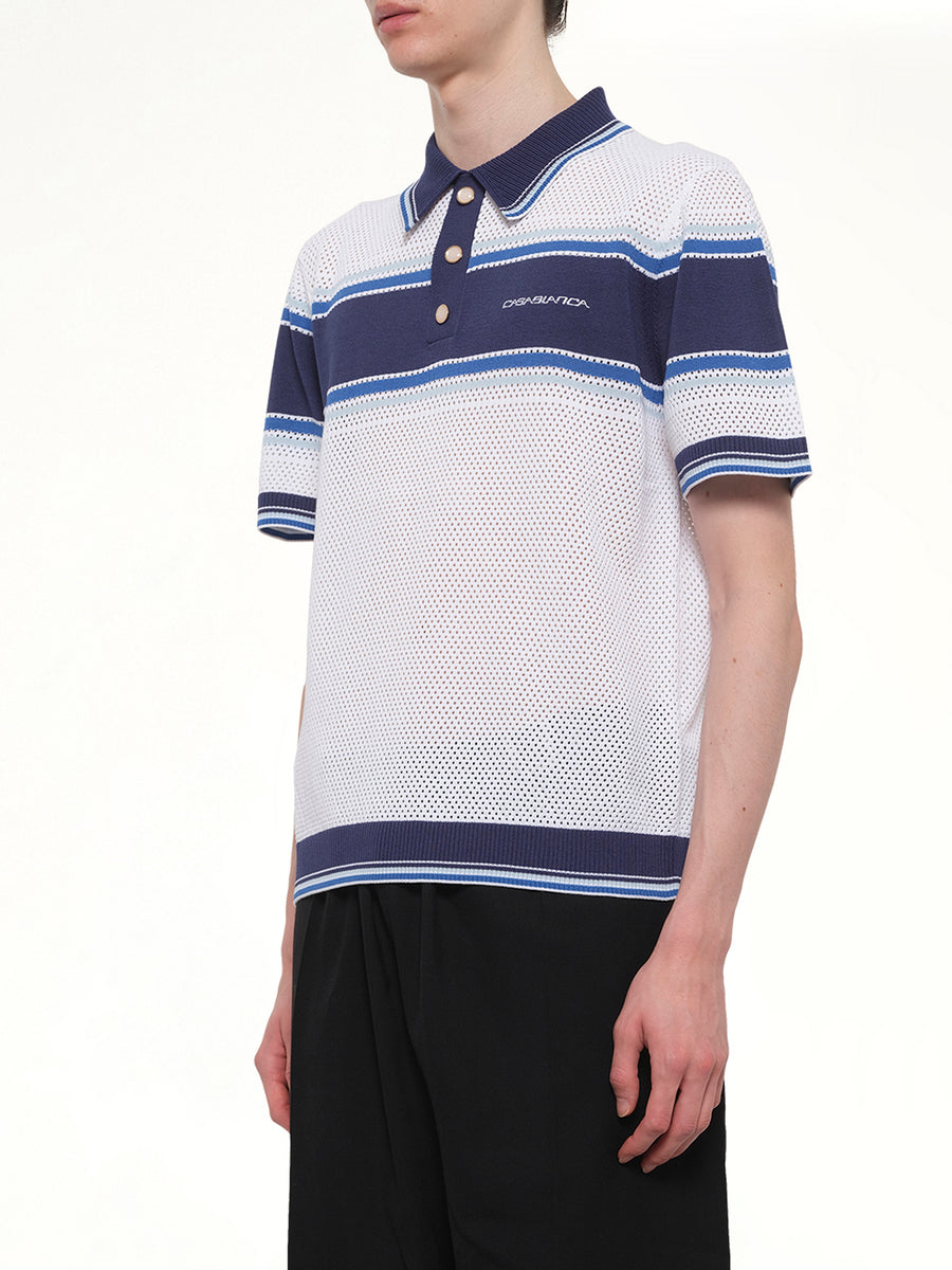 Mesh Stripe Polo in Navy/White