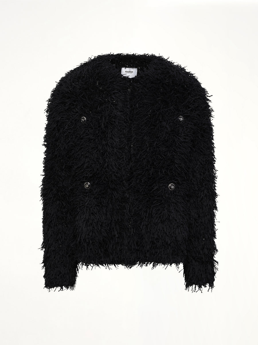 Straw Tweed Knit Cardigan in Black