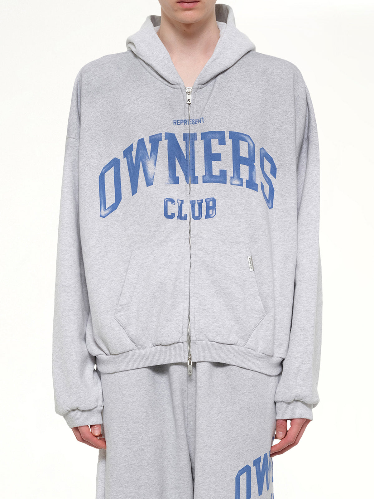 Represent Owners Club Zip Through Hoodie in Sprayed Ice Grey Marl