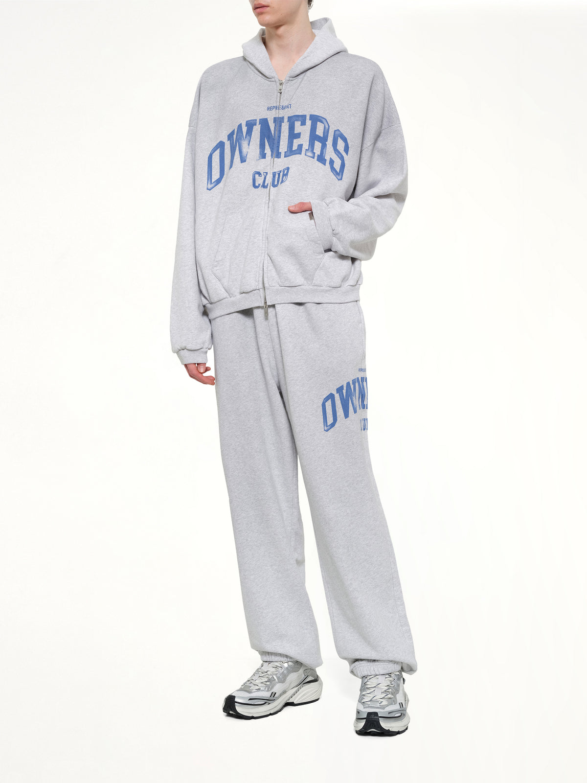 Represent Owners Club Zip Through Hoodie in Sprayed Ice Grey Marl