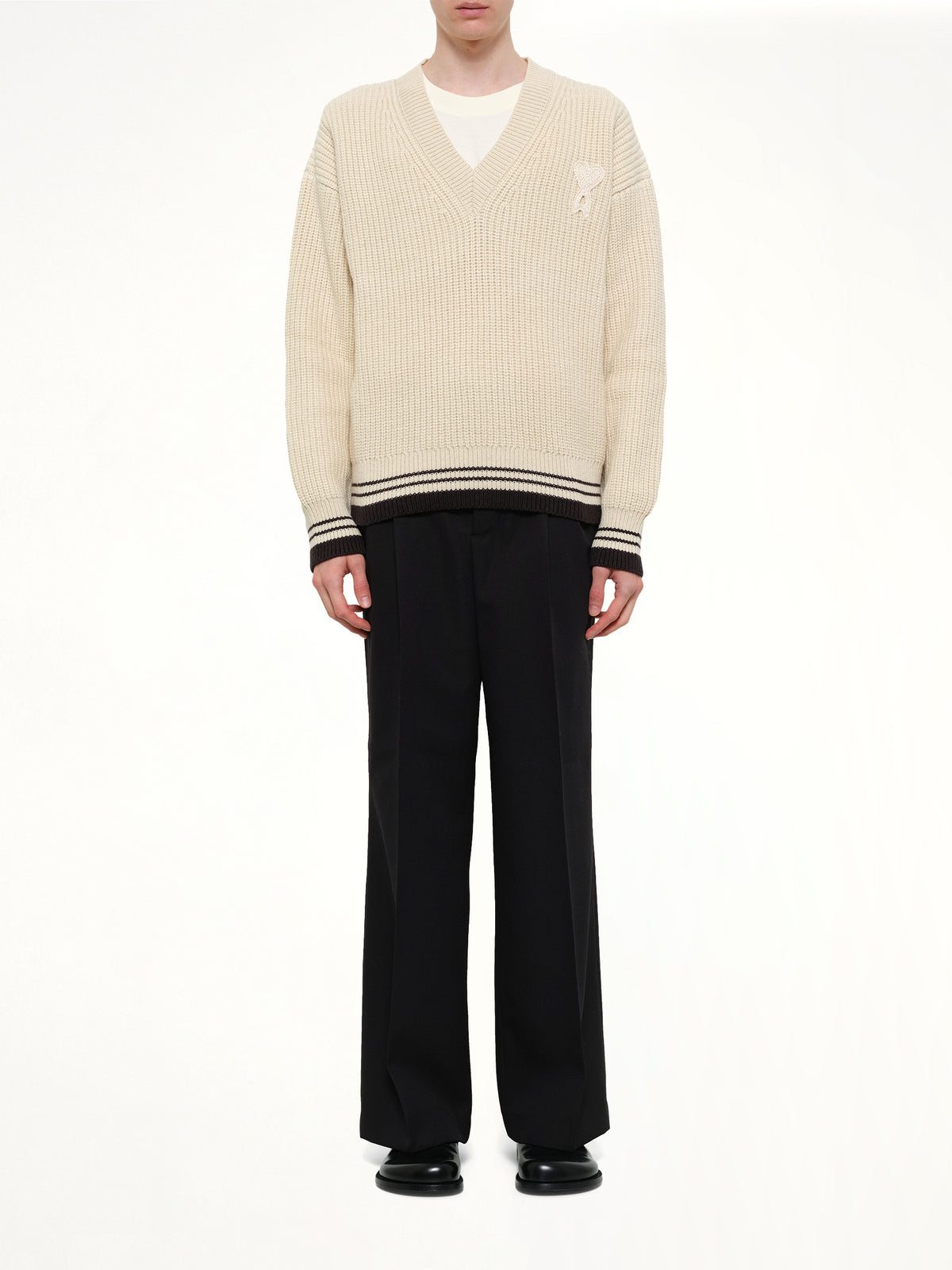 Ami De Coeur V Neck College Sweater in Off White
