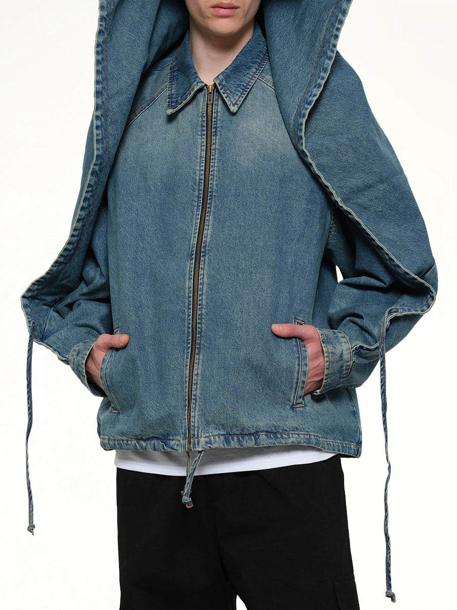Convertible Hooded Denim Jacket in Blue