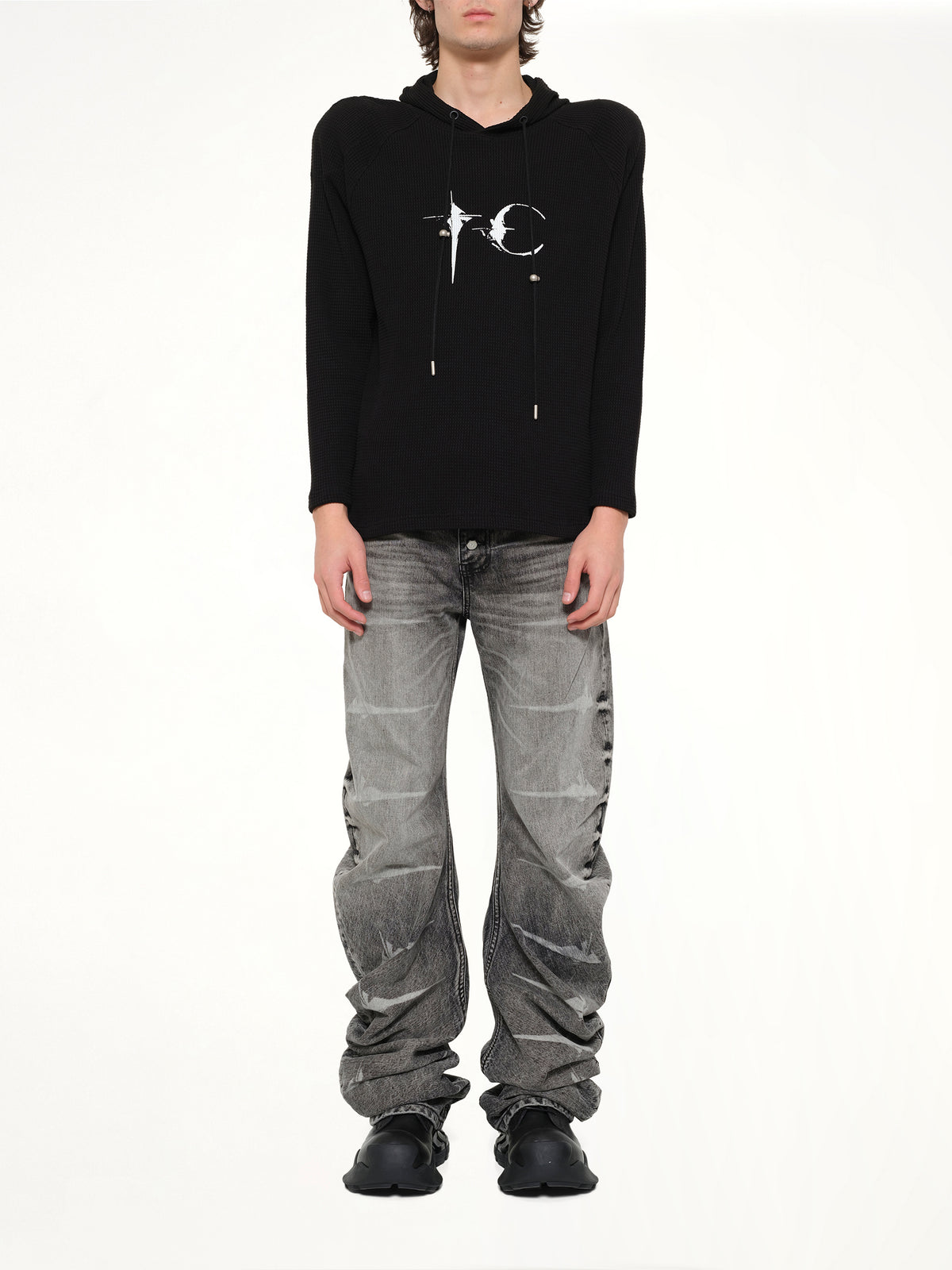 Bulk Shoulder Waffle Hoodie in Black