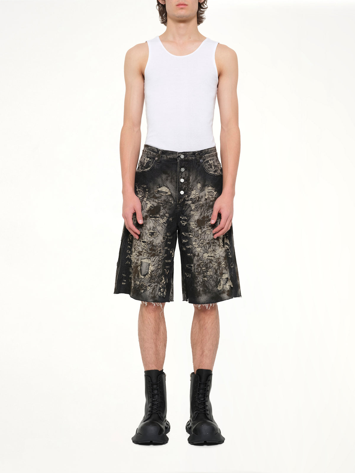 Hard Washed Destroyed Denim Shorts in Black