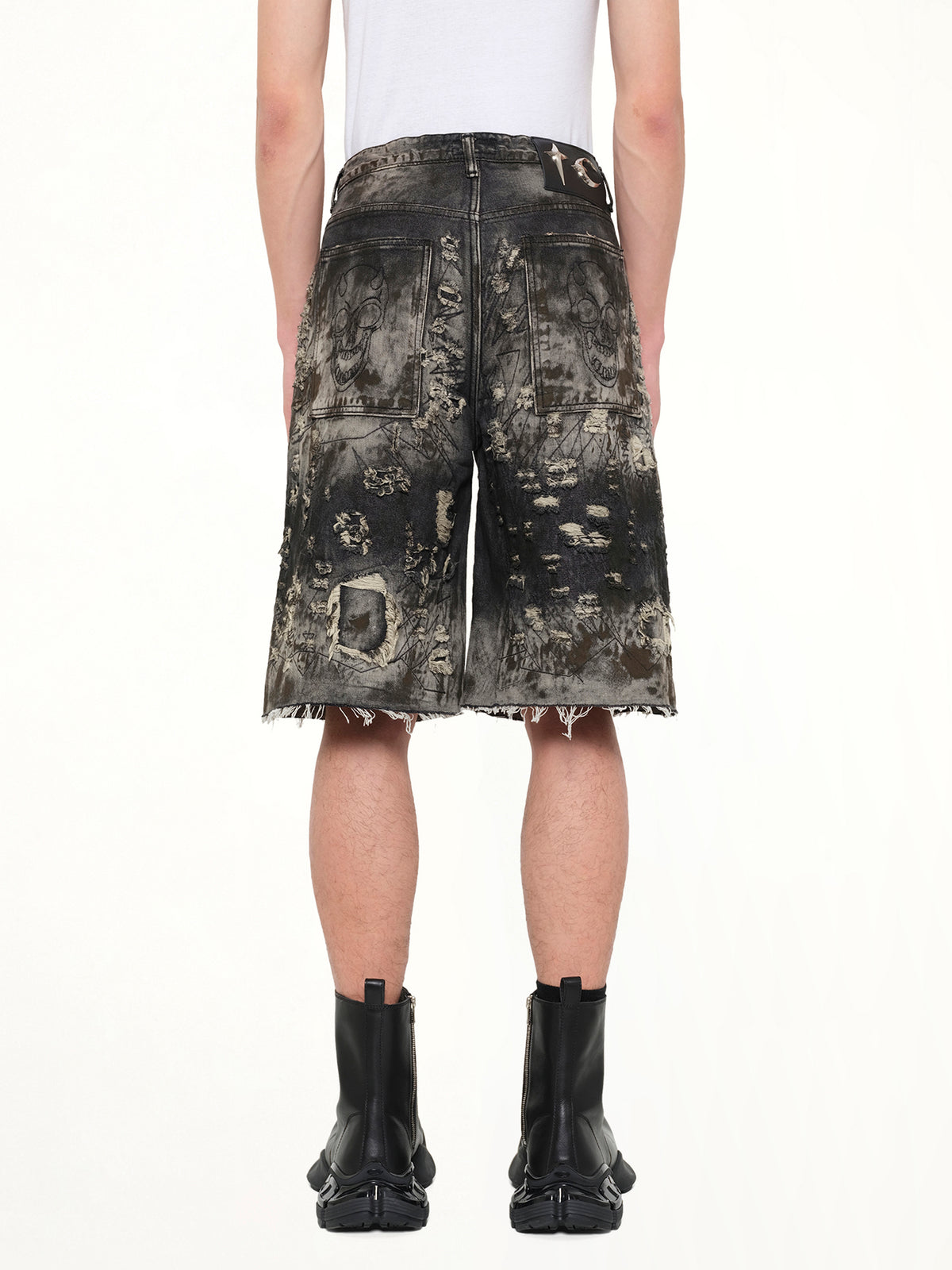 Hard Washed Destroyed Denim Shorts in Black