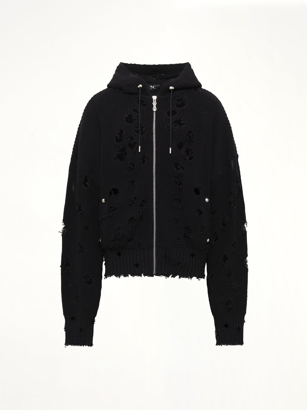 TC Destroyed Knit Zip-Up Hoodie in Black