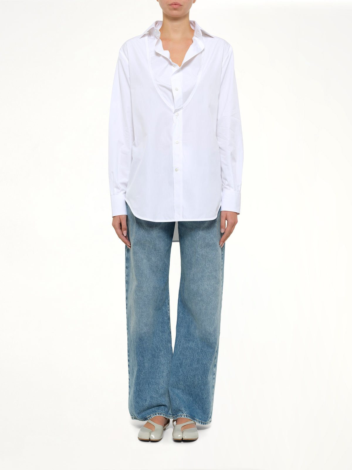 Open Neck Long Sleeve Shirt in White