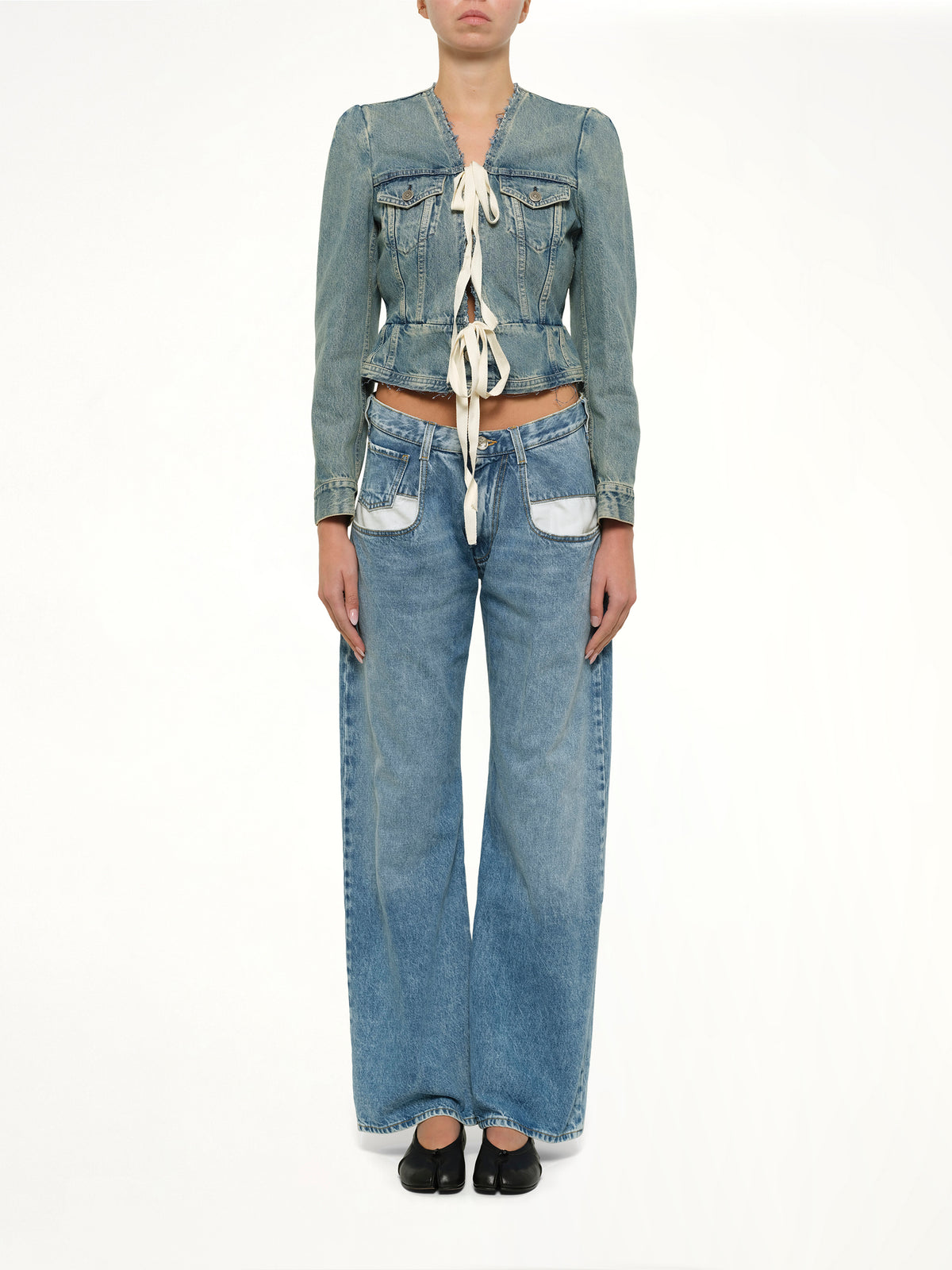 V Neck Denim Jacket in Ice Blue