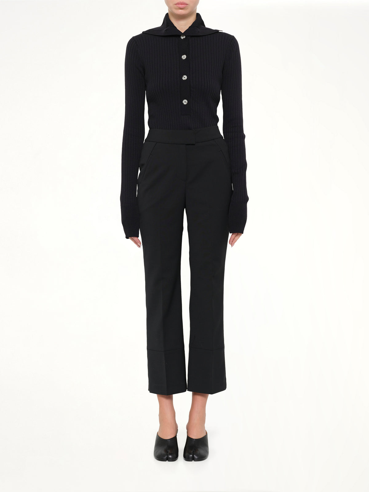 Step Hem Pants in Black Wool