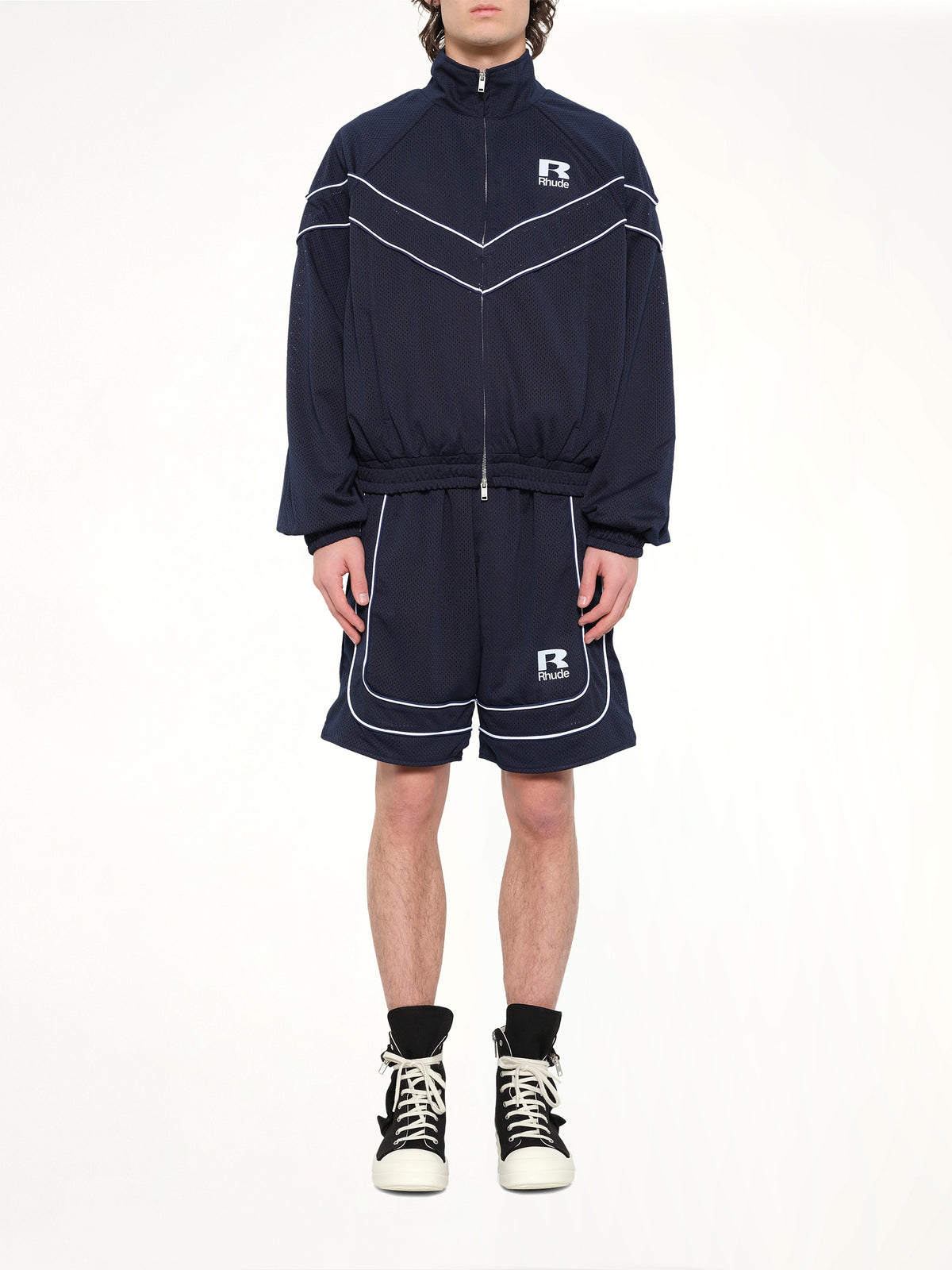 Rhude Mesh Piping Raglan Track Jacket in Navy/White