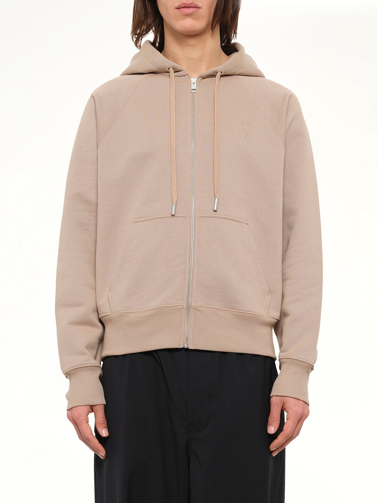 Embossed Ami De Coeur Zipped Hoodie in Beige
