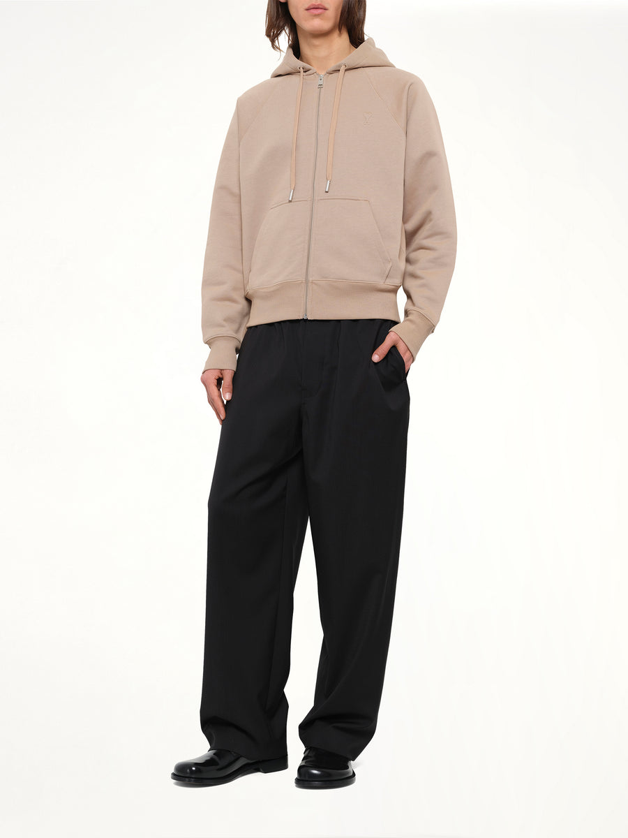 Embossed Ami De Coeur Zipped Hoodie in Beige