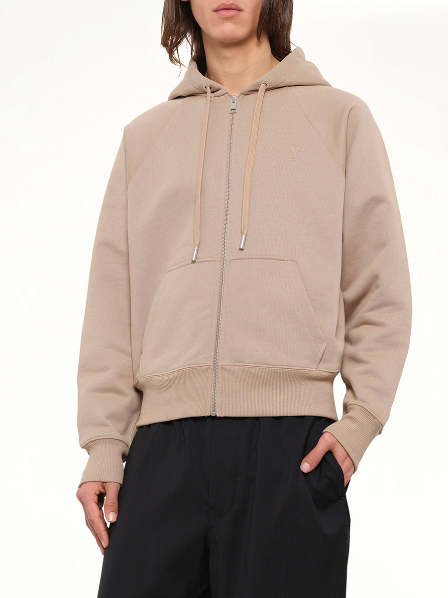 Embossed Ami De Coeur Zipped Hoodie in Beige