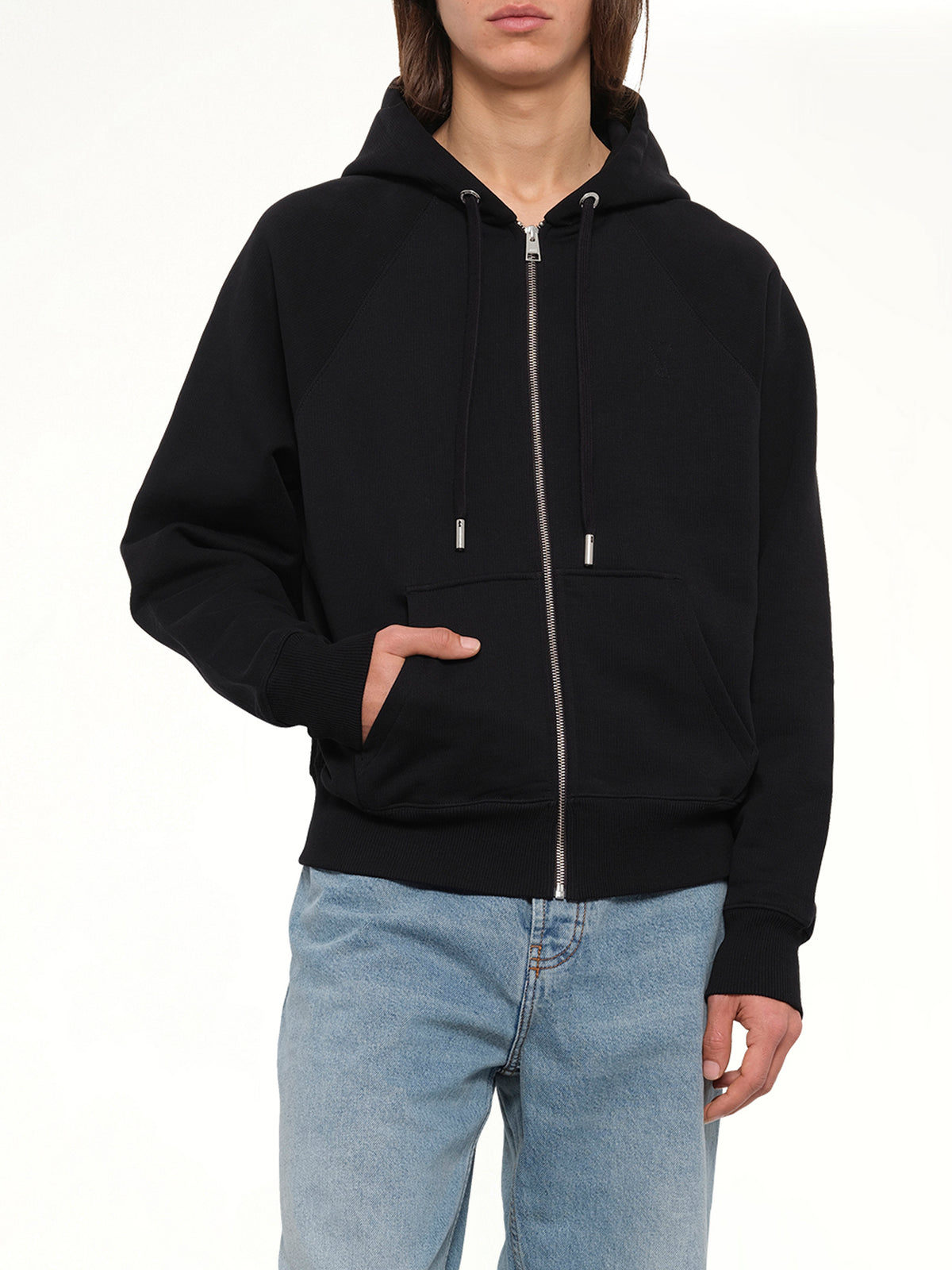 Embossed Ami De Coeur Zipped Hoodie in Black