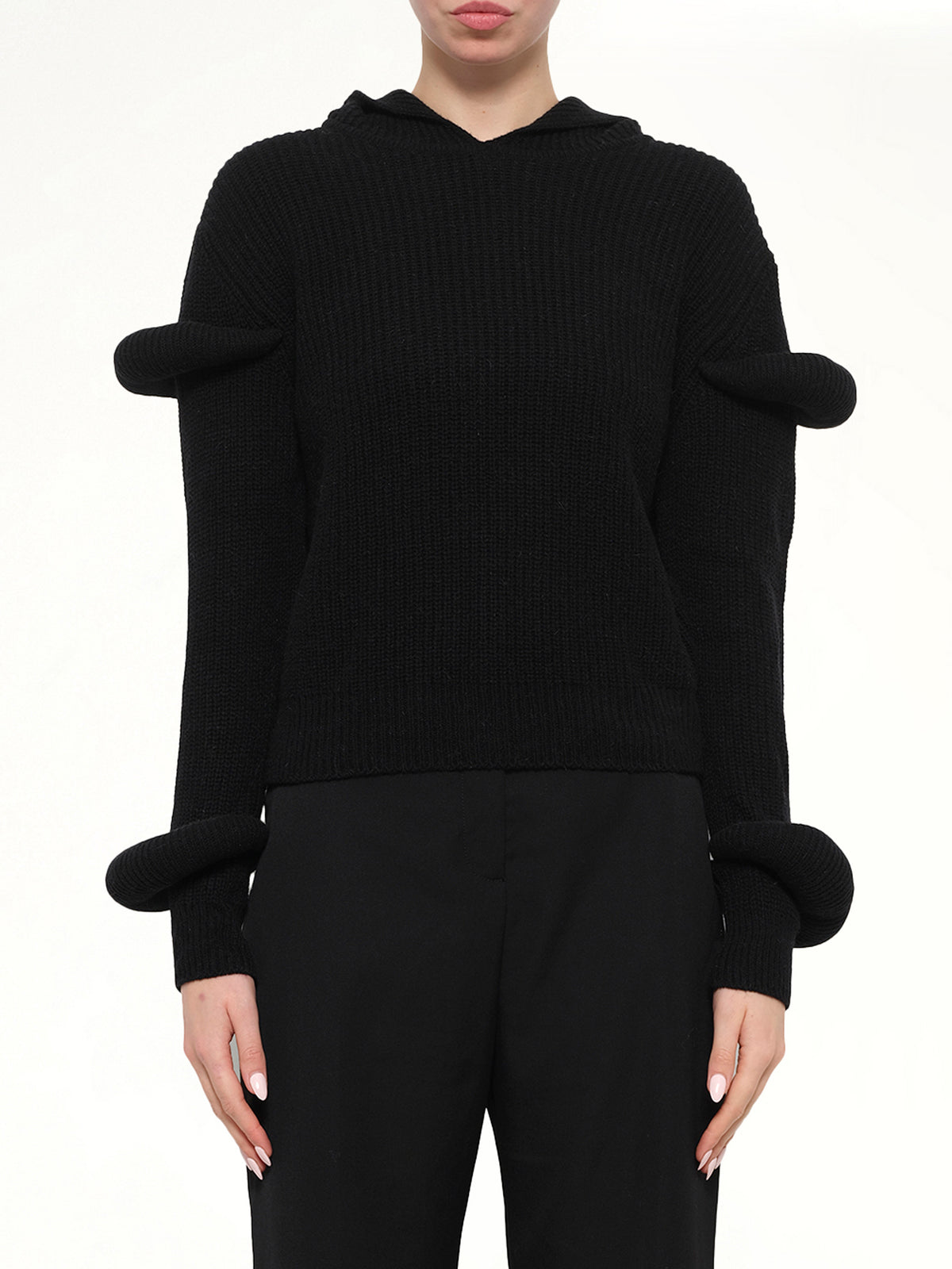 Rib Knit Hoodie in Black