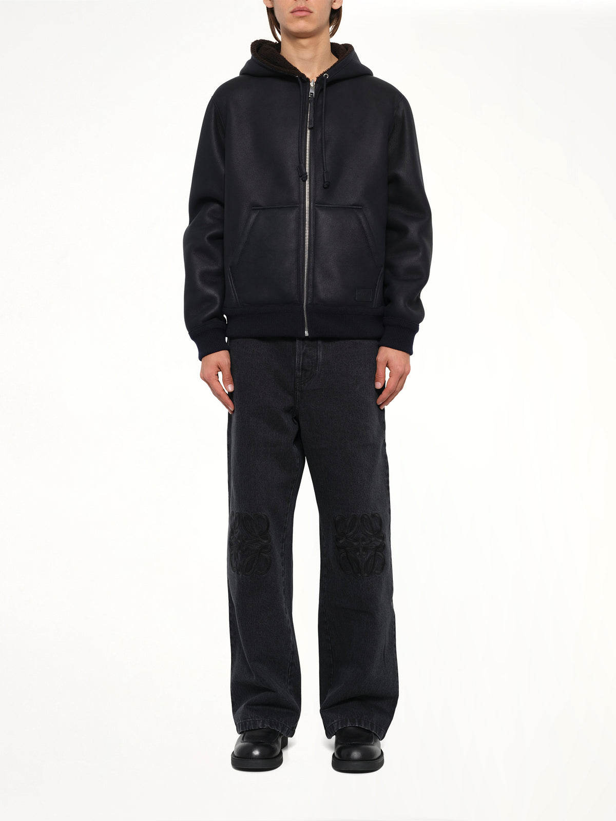Hooded Shearling Reversible Jacket in Navy/Brown