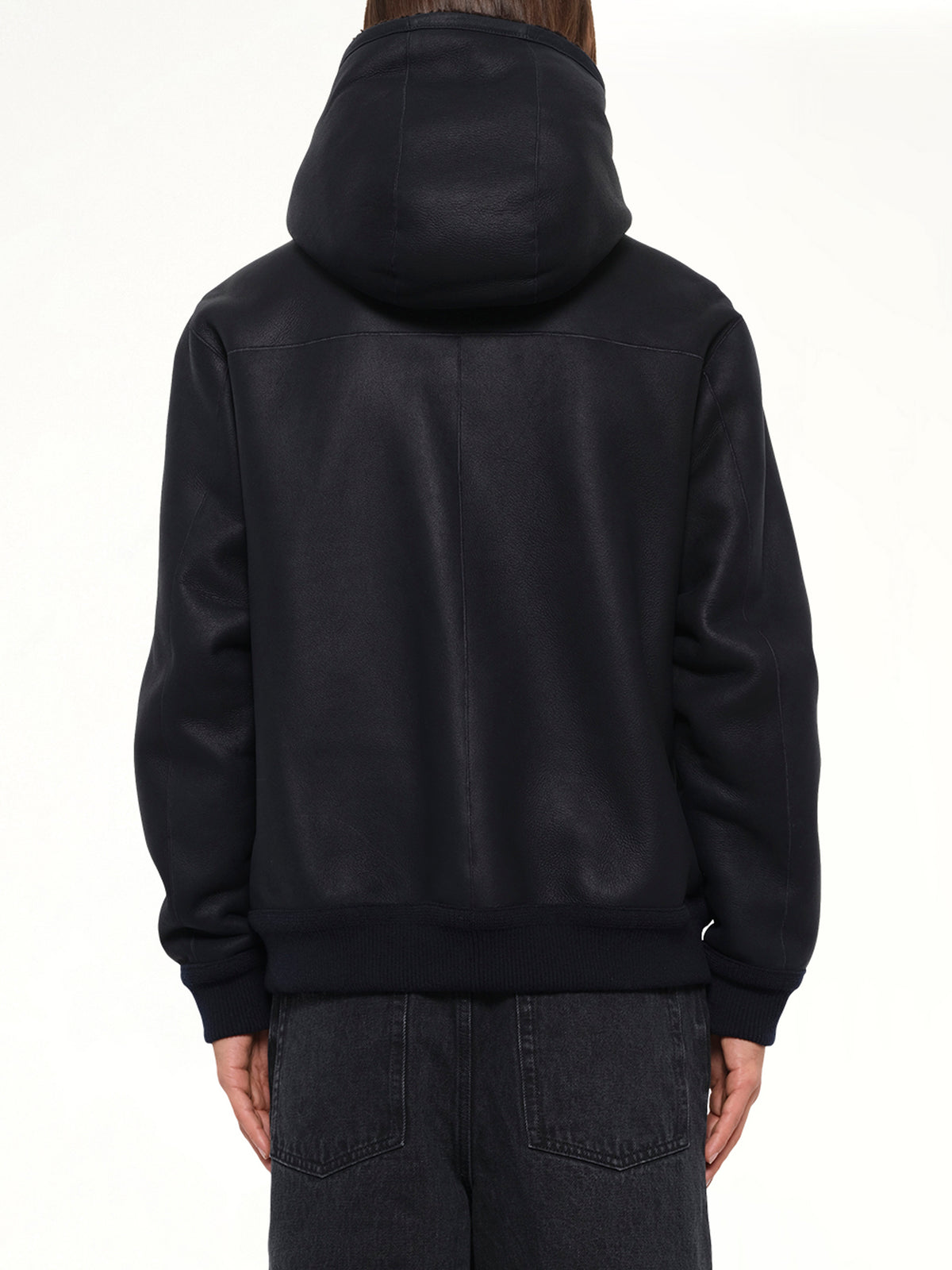 Hooded Shearling Reversible Jacket in Navy/Brown