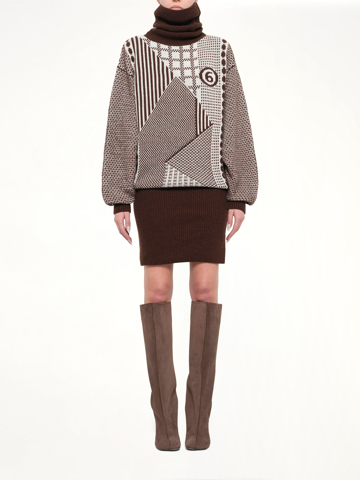 Knitted Mini Dress in Brown/Off White