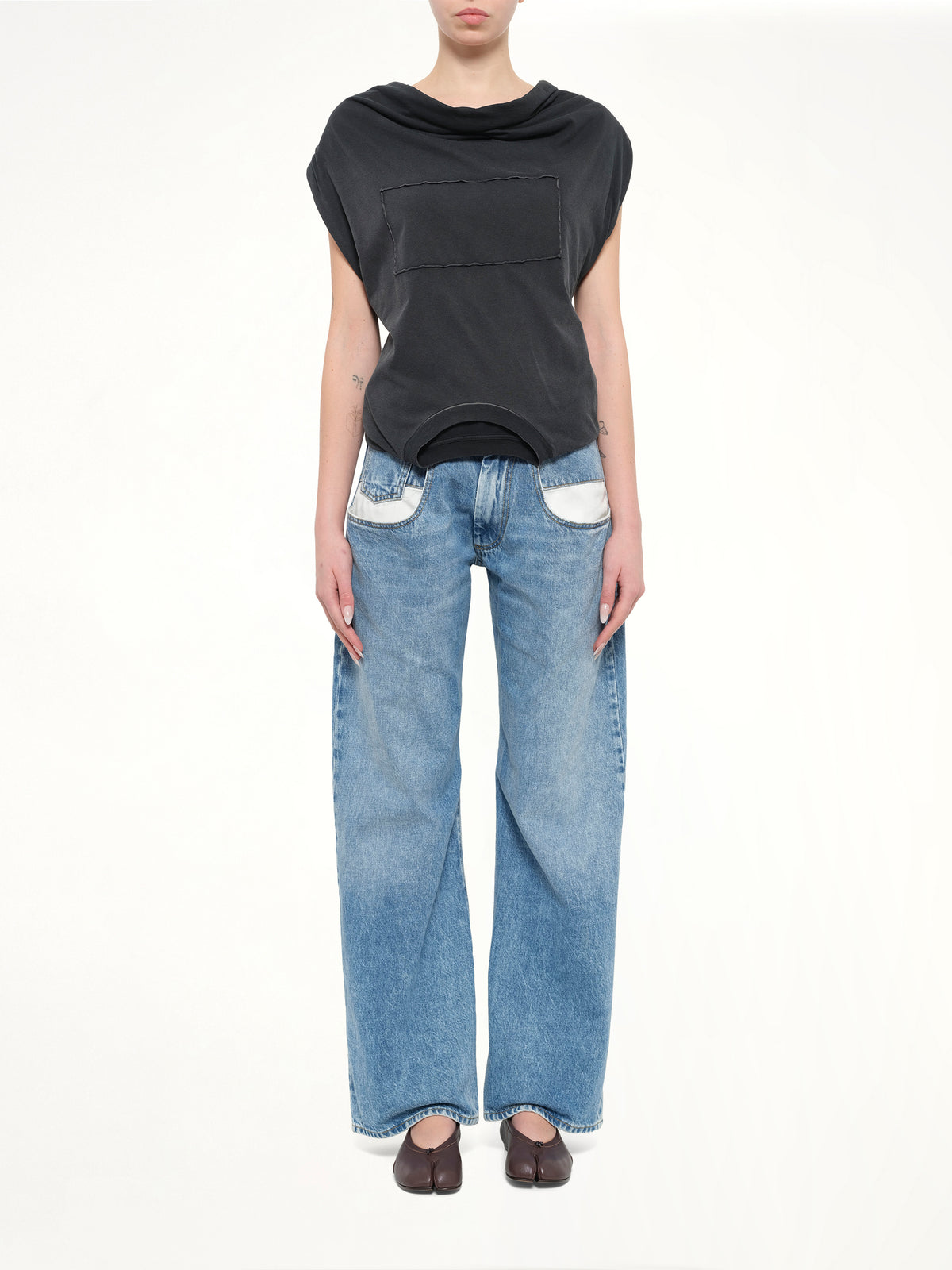Patch Twisted Jersey Top in Washed Black