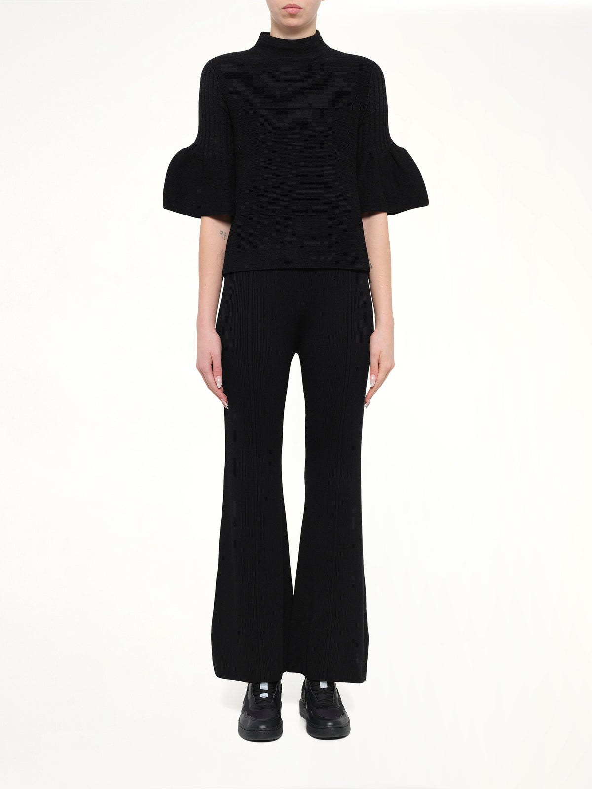 Pottery Velvet Bell Sleeve Flare Top in Black