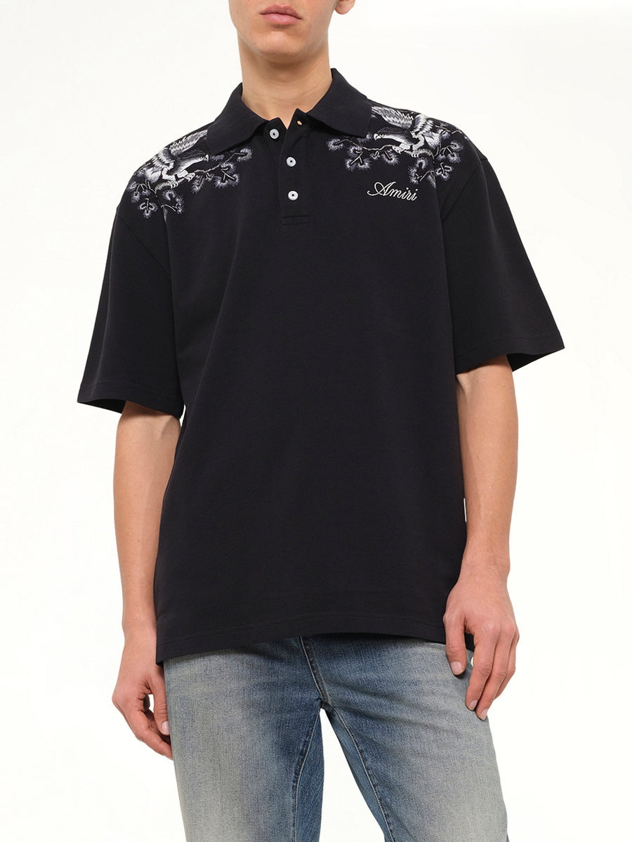 Floral Embroidered Polo in Black