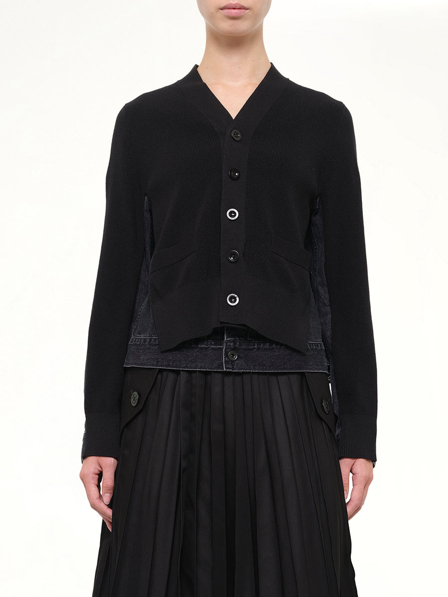 Long Sleeve Denim x Knit Cardigan in Black