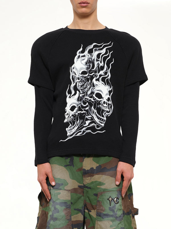 Bulk Shoulder Three Riding Skull Layered T-Shirt in Black
