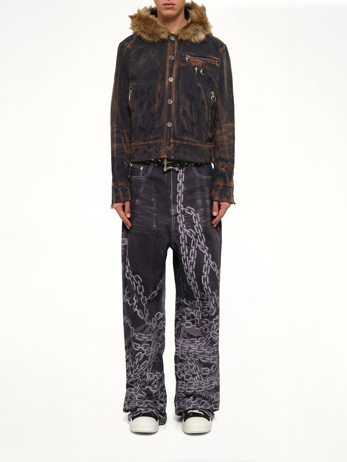 TC Two Tone Washed Fur Hooded Jacket in Rust Black