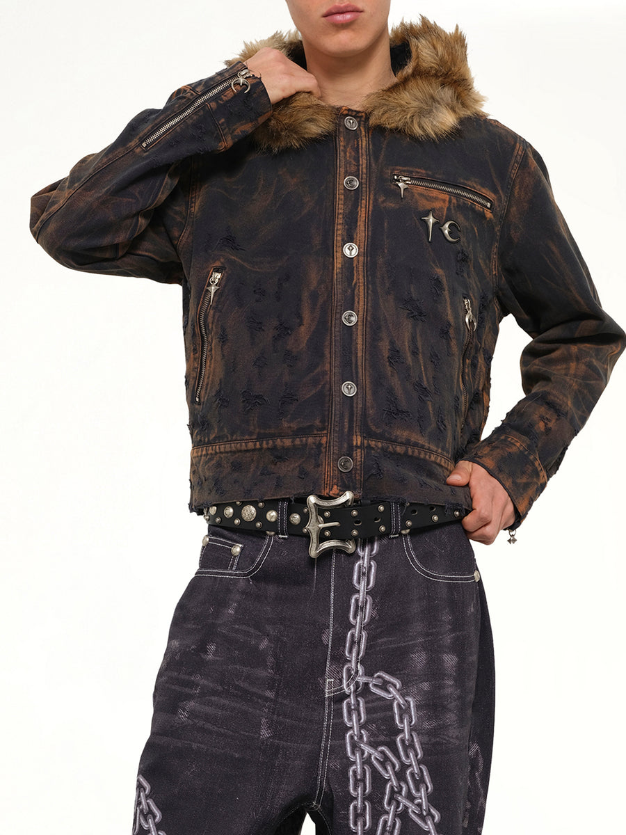 TC Two Tone Washed Fur Hooded Jacket in Rust Black