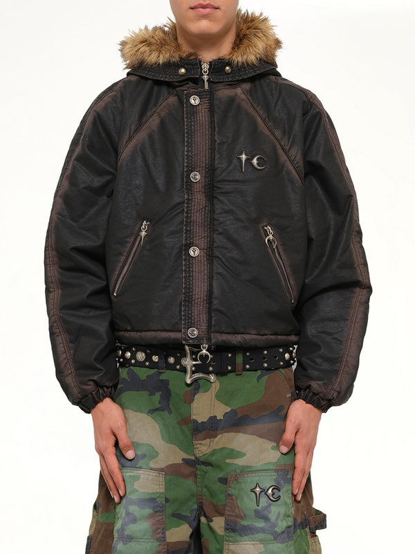 Three Riding Skull Fur Hooded Jacket in Black