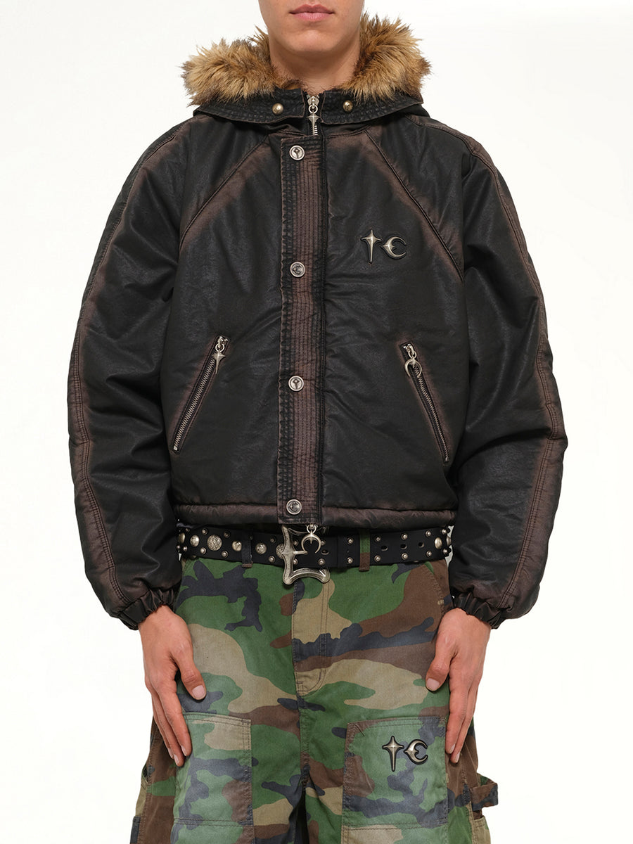 Three Riding Skull Fur Hooded Jacket in Black