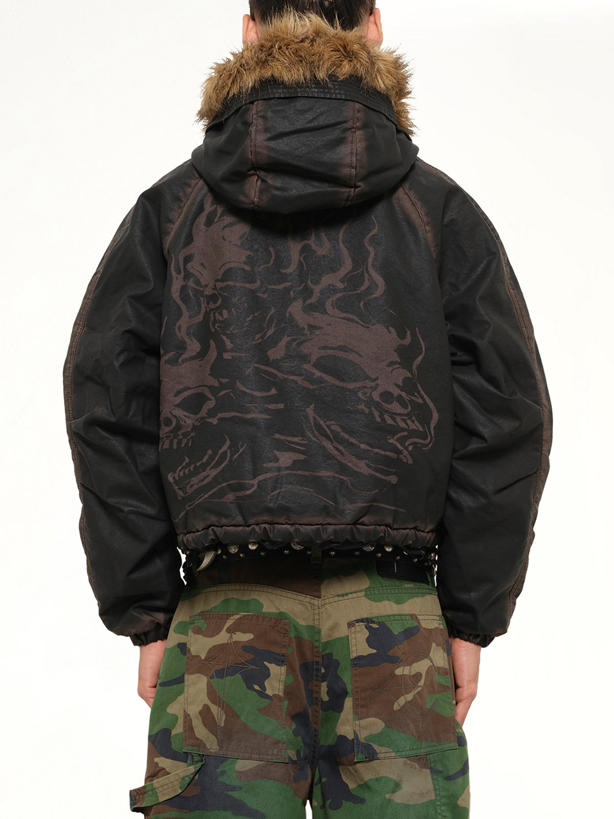 Three Riding Skull Fur Hooded Jacket in Black