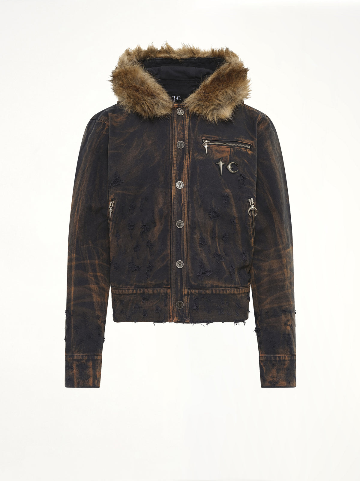 TC Two Tone Washed Fur Hooded Jacket in Rust Black