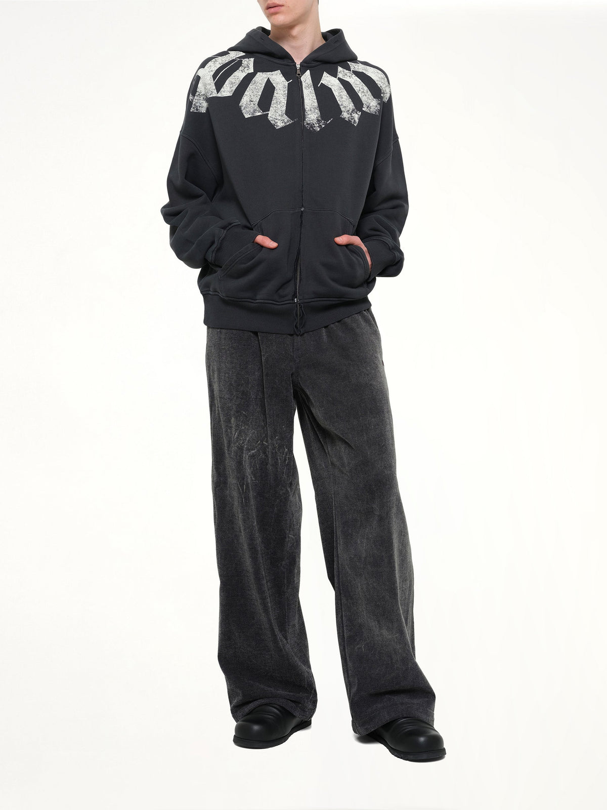 Big Neck Logo Zip Loose Hoodie in Black/Off White