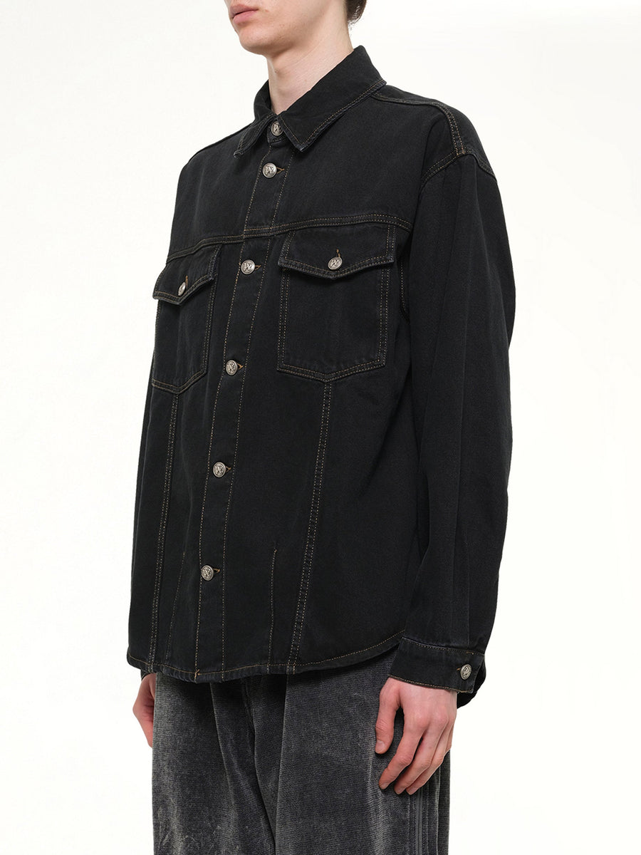 Classic Logo Faded Denim Shirt in Black/Off White