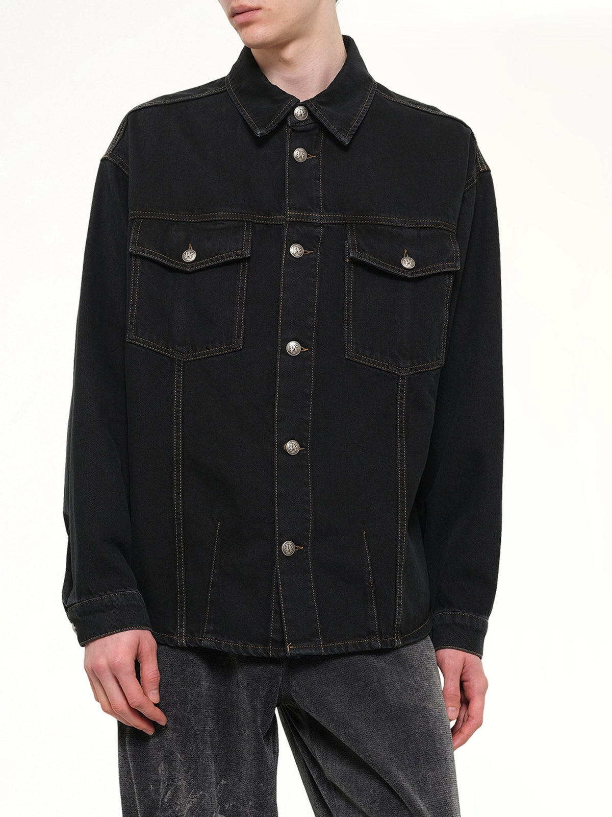 Classic Logo Faded Denim Shirt in Black/Off White