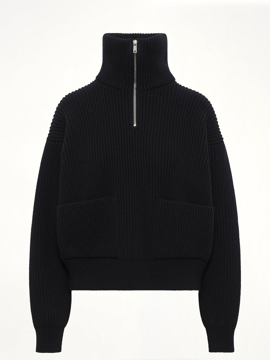 Wool Cashmere Rib Trucker Jumper in Black