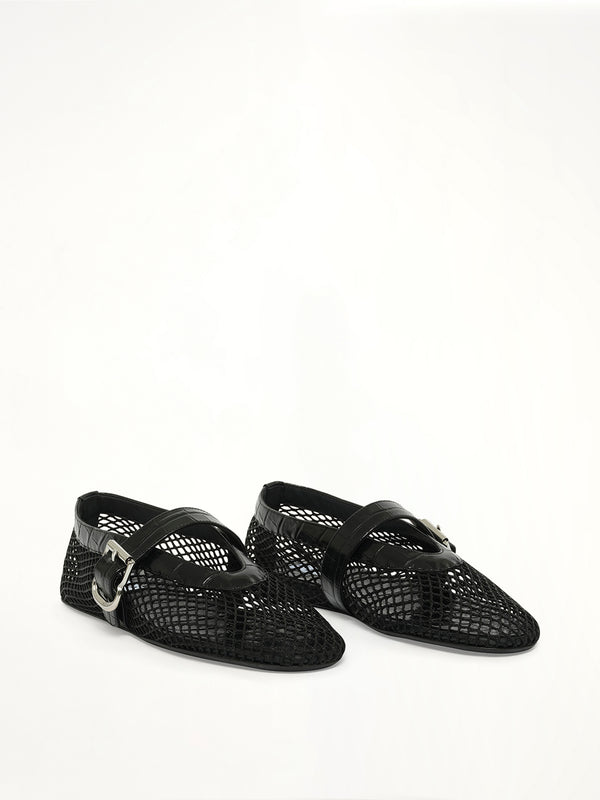 Ballet Fishnet & Croc Flats in Black
