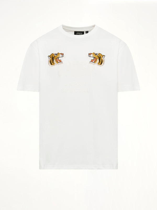 Front Side Embroidery Tiger T-Shirt in Off White