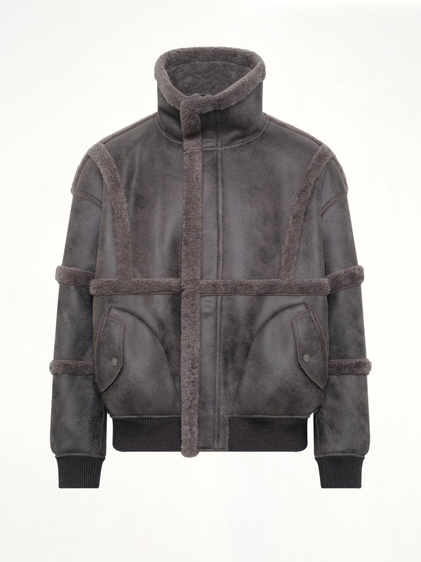 Reversible Faux Shearling Stand-Collar Jacket in Dark Grey