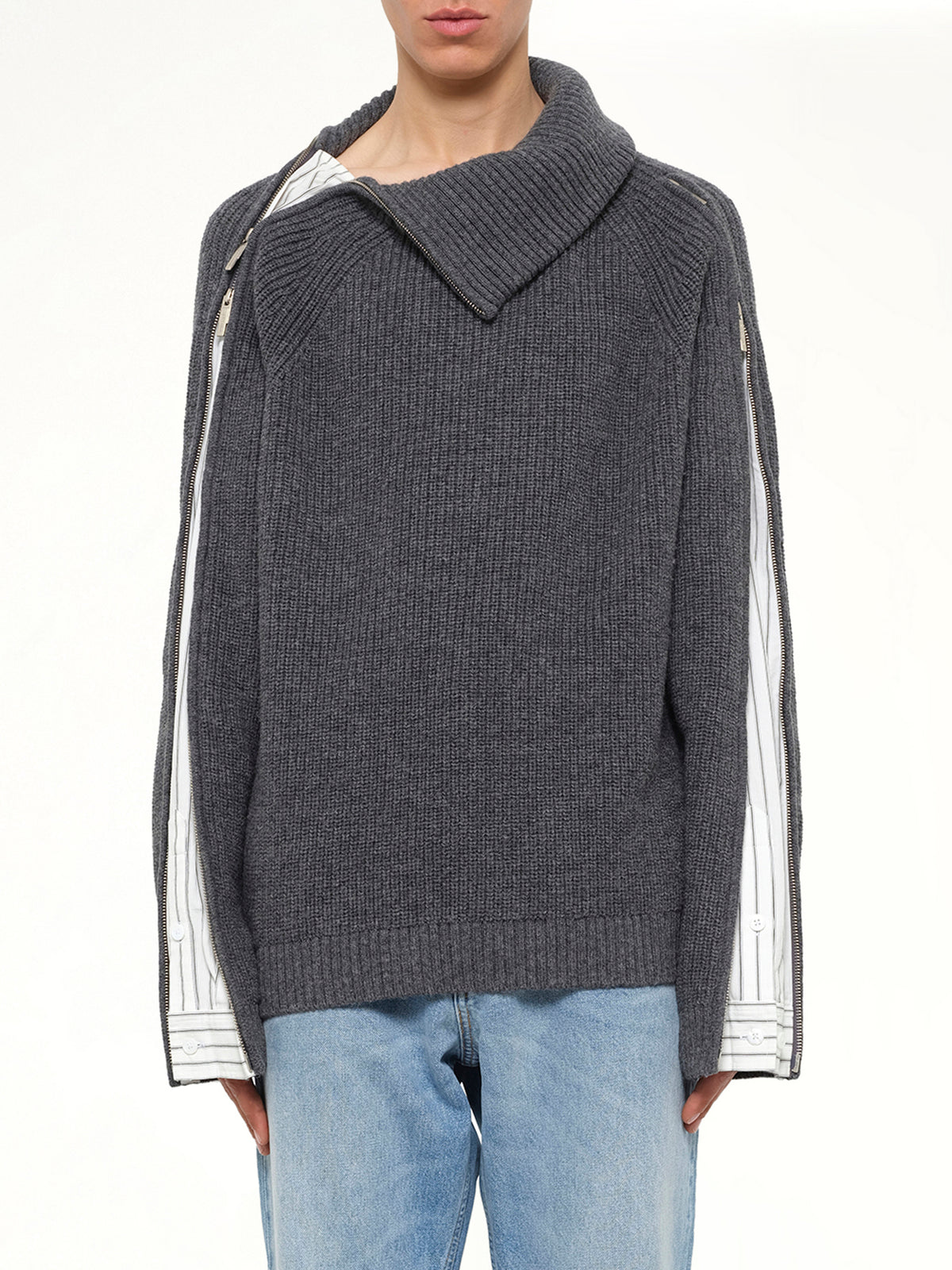 Deconstructed Shirt Fabric Sweater with Patchwork in Grey