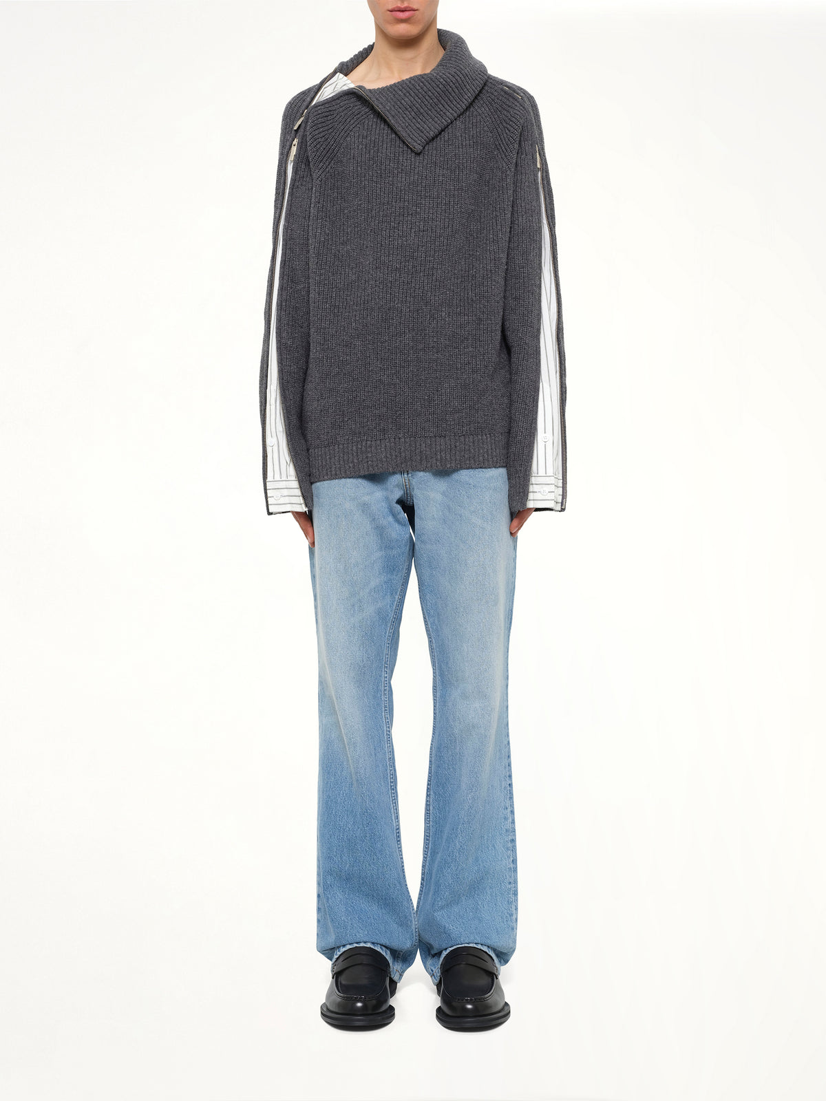 Deconstructed Shirt Fabric Sweater with Patchwork in Grey