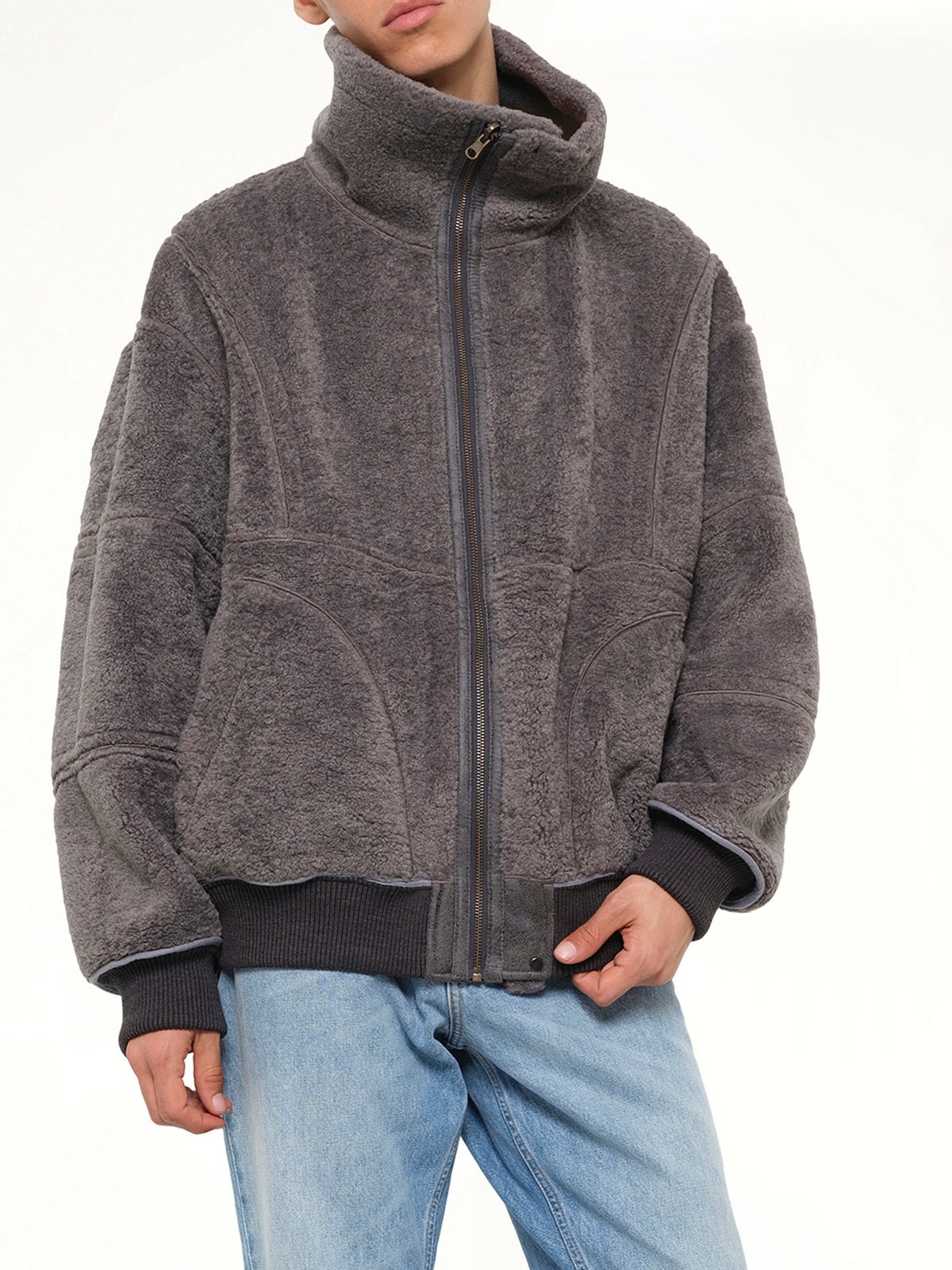 Reversible Faux Shearling Stand-Collar Jacket in Dark Grey