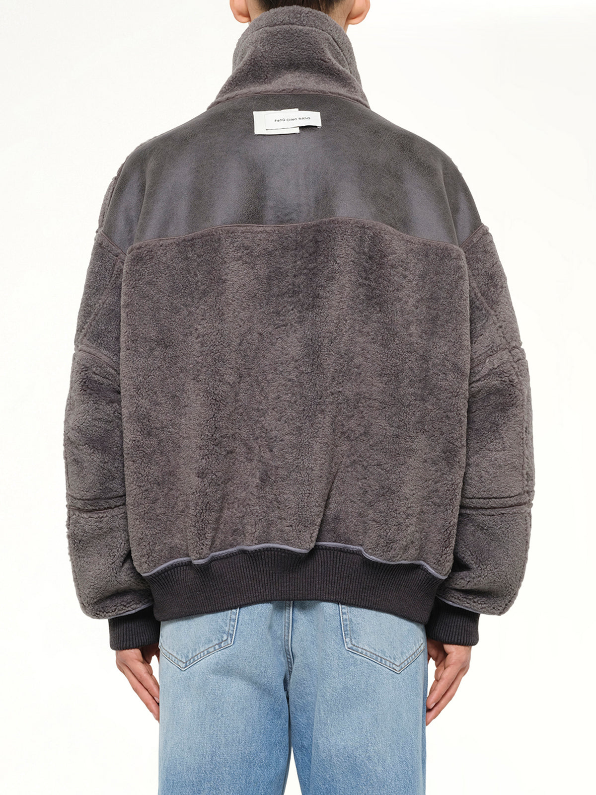 Reversible Faux Shearling Stand-Collar Jacket in Dark Grey