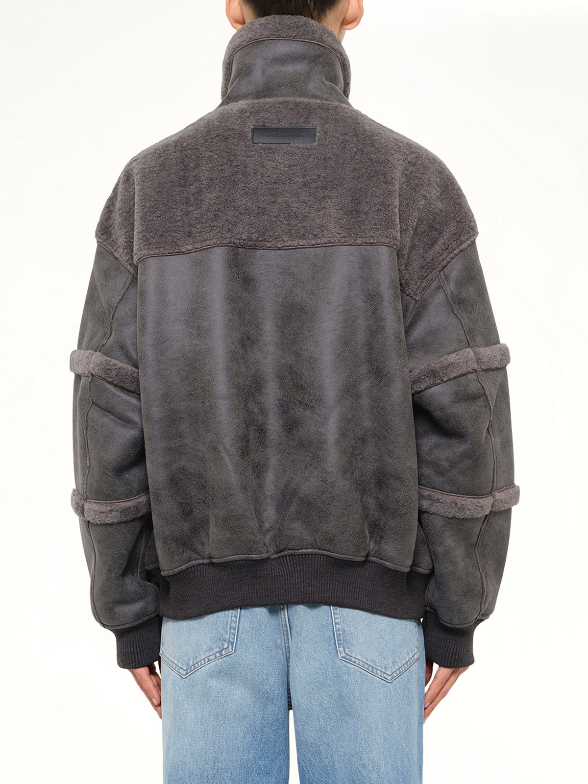 Reversible Faux Shearling Stand-Collar Jacket in Dark Grey