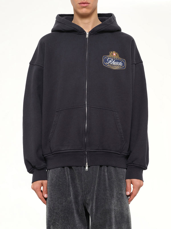 Rhude Safari Crest Zip Up Hoodie in Vintage Black