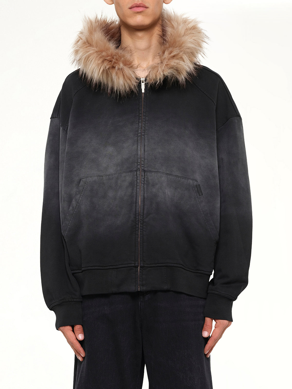 Washed Faux Fur-Trim Zip-up Hoodie in Grey