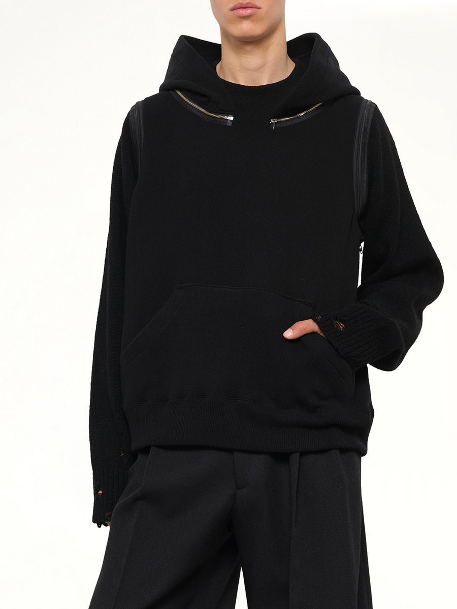 Wool Deconstructed Hoodie in Black