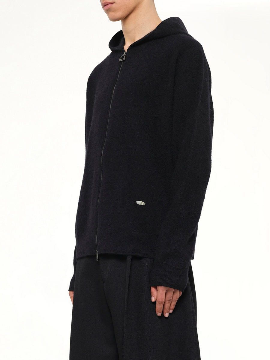 Wool Zipped Hoodie in Black